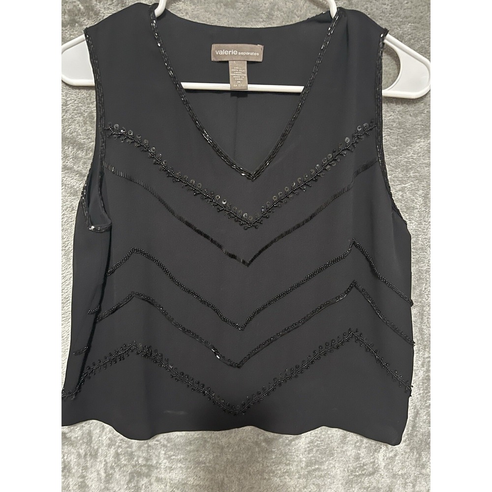 Whimsygoth Fairy Black 100% Silk Medium Beaded Sequin Chevron V-Neck Shell Top